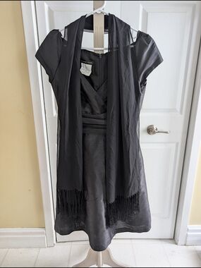Alfred Sung Black Satin Faux-Wrap Cocktail Dress with Matching Fringed Shawl